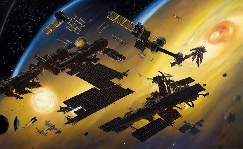 Prompt: space station amazing spaceships, painting by karl kopinski kim jung giu and weta studio, and lucasfilm and jesper ejsing and norman rockwell greg rutkowski frank frazzeta colours black and gold