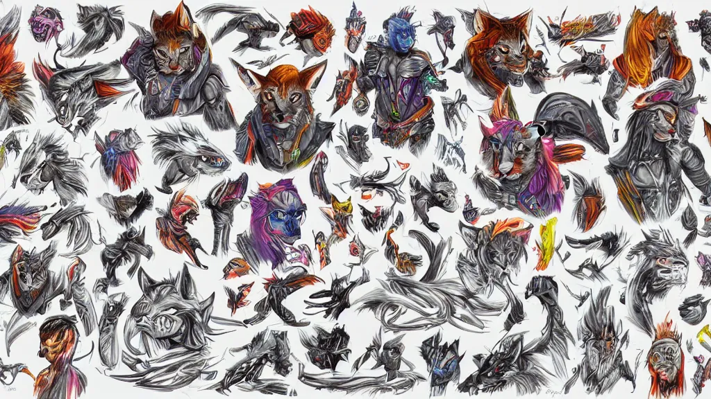 Image similar to colorful and vivid highly detailed character sheet for a handsome muscular masculine lynx - man space - pirate with head of lynx, long tail, swashbuckling and romantic, retrofuture, high contrast, realistic, coherent, illustration, digital art, trending on artstation, hd, 8 k, good lighting, beautiful, rough paper, masterpiece