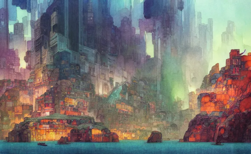 Prompt: a beautiful photo of a metropolis built on a island floating above the sea in the sky, waterfalls fall from the island into the sea, colorful watercolor, by ruan jia, by maxfield parrish, by marc simonetti, by hikari shimoda, by robert hubert, by zhang kechun, illustration, gloomy, volumetric lighting