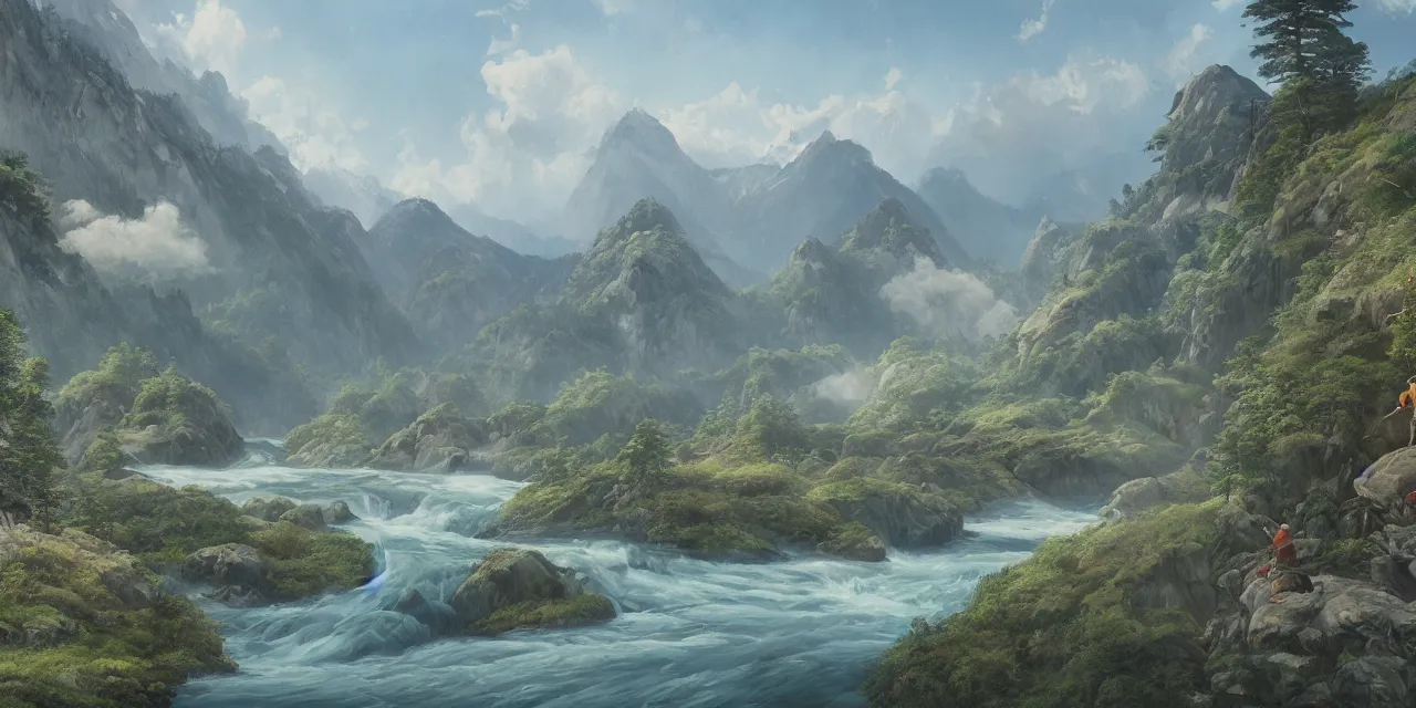 Image similar to a beautiful painting of a scene about a panorama of rivers and mountains, by yuumei and james jean, trending on artstation., ultrawide viewn and highly detailed matte painting