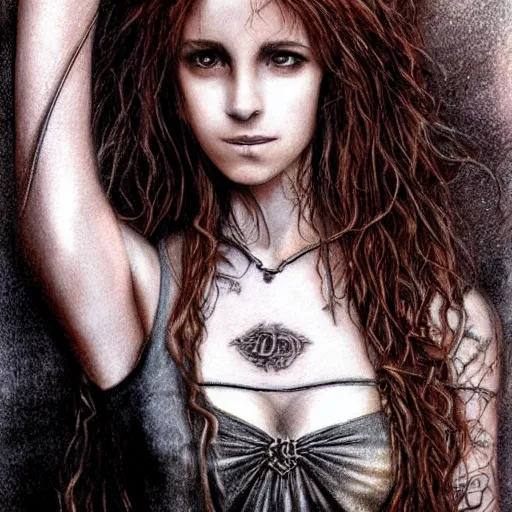 Image similar to dressed Hermione Granger in tattoos, by luis royo, beautiful gown, beautiful eyes, Beautiful face, by Aggi Erguna, high detail, high resolution