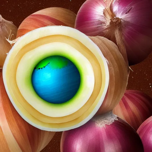 Prompt: The universe evolving causally depicted as layers on an onion, hyper realistic