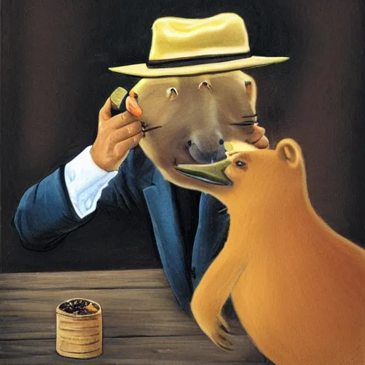 Image similar to smoking cigar, a man wearing a suit capybara head wearing a hat (smoking cigar)