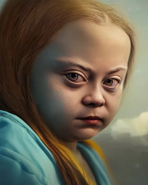 Image similar to closeup face profile portrait of greta thunberg as a soviet chernobyl space toy, bikini, depth of field, zeiss lens, detailed and intricate environment, fashion photoshoot by nicoletta ceccoli, mark ryden, lostfish, breathtaking, 8 k resolution, artistic, hyperrealistic, octane render