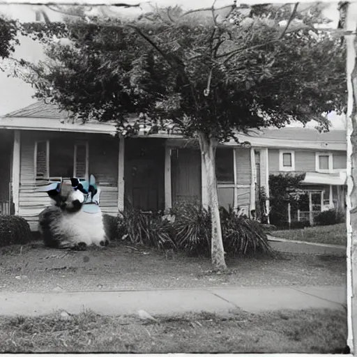 Image similar to a fluffy cat sitting on the corner of a front yard on a residential street in the 1930s