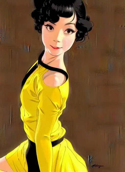 Prompt: a beautiful dancer in yellow with black hair in 1920's fashion, ballroom background, intricate, highly detailed, digital painting, artstation, official media, anime key visual, concept art, rich vivid colors, ambient lighting, sharp focus, illustration, art by Artgerm, Makoto Shinkai, Ilya Kuvshinov, Lois Van Baarle, and Rossdraws