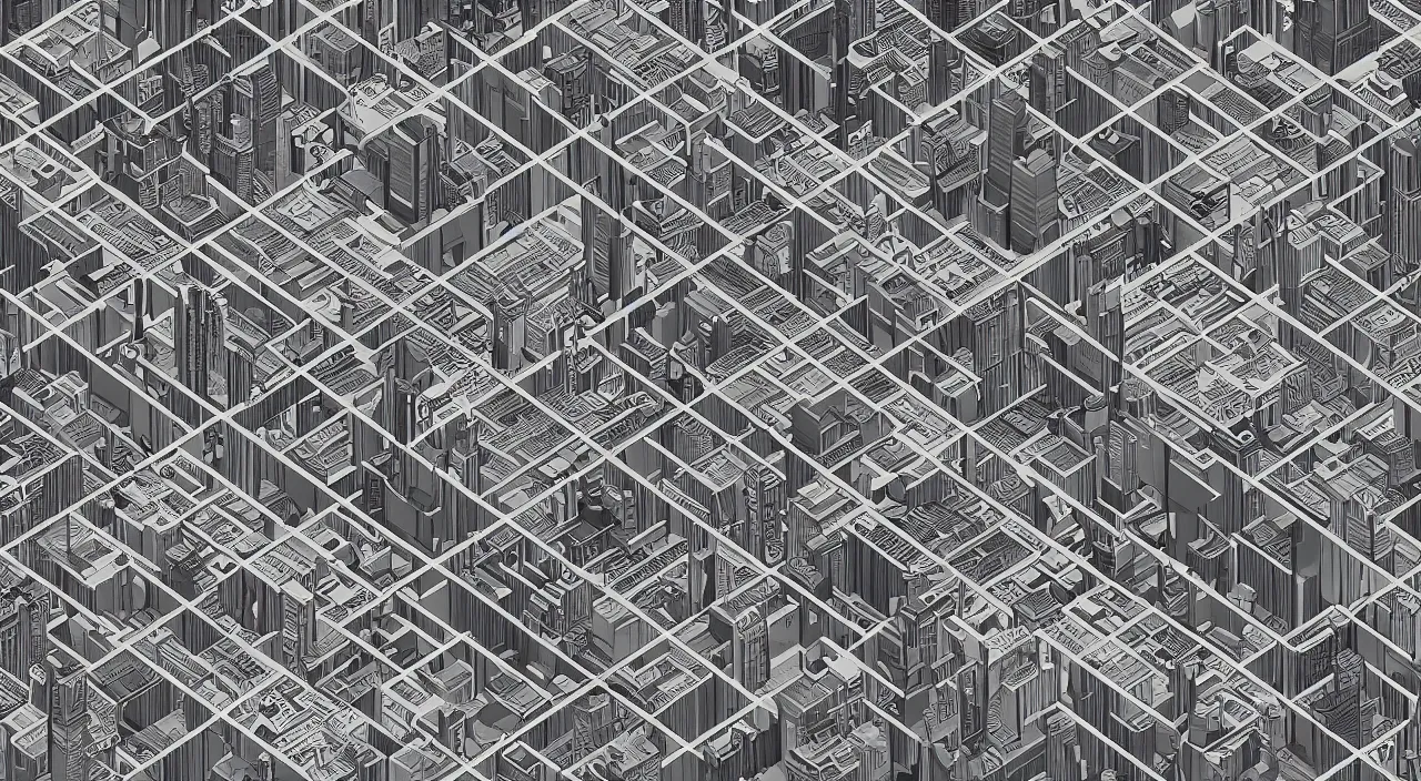 Prompt: isometric drawing of a fictional dense city, in style of charles williams, rem koolhaas, peter eisenman