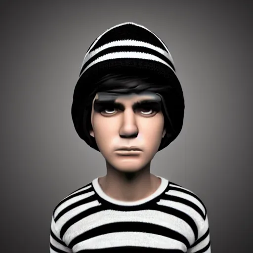 Prompt: a emo boy wearing a striped sweater and hat, a stock photo by tim biskup, featured on zbrush central, figurativism, zbrush, character, made of plastic,