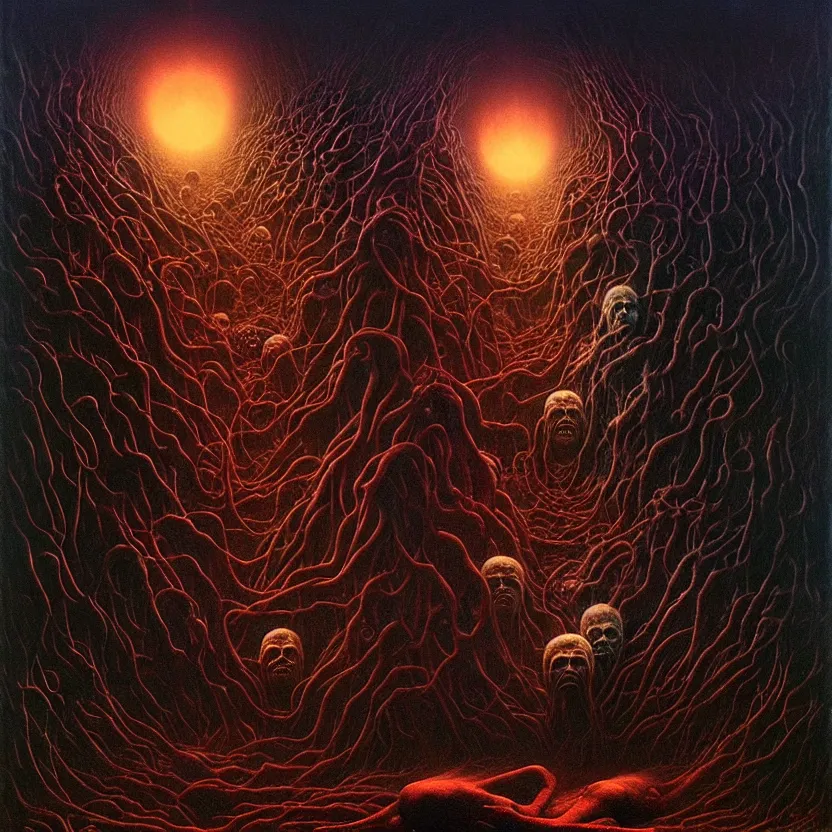 Image similar to a bizarre nightmare, cosmic horror, by zdzisław beksinski and greg rutkowski and esao andrews and salvador dali, oil on canvas, mixed media, abstract, artstation, surreal, hell, horror, dark, intricate textures