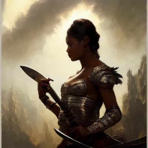 Image similar to artstation concept of a beautiful girl holding a sword in both hands, brown skin, face, silver garment, shiny colorful, hyperdetailed, artstation trending, world renowned artists, worth1000.com, historic artworks society, antique renewel, cgsociety, by greg rutkowski, by Gustave Dore, Deviantart