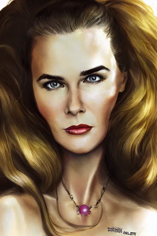 Image similar to mix of beautiful young maria shriver, mariel hemmingway, brooke shields, nicole kidman and elle macpherson as an alien creature, thin lips, hair tied up in a pony tail, dark blonde hair, colorful, artstation, cgsociety