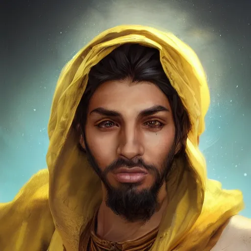 Image similar to portrait of young wild arabian nomad half wolf, with yellow cloths, league of legends splash art, hearthstone splash art, full body shot, rule of thirds, ultrafine hyperrealistic detailed face, artgerm, greg rutkowski, trending on artstation, 8 k, intricately detailed, highly detailed