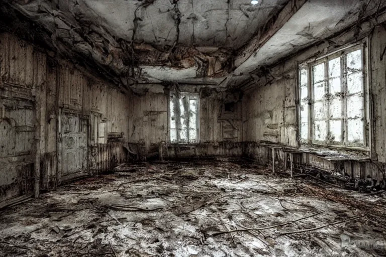 Image similar to matte paint andrey Tarkovsky stalker movie abandoned building interiors,