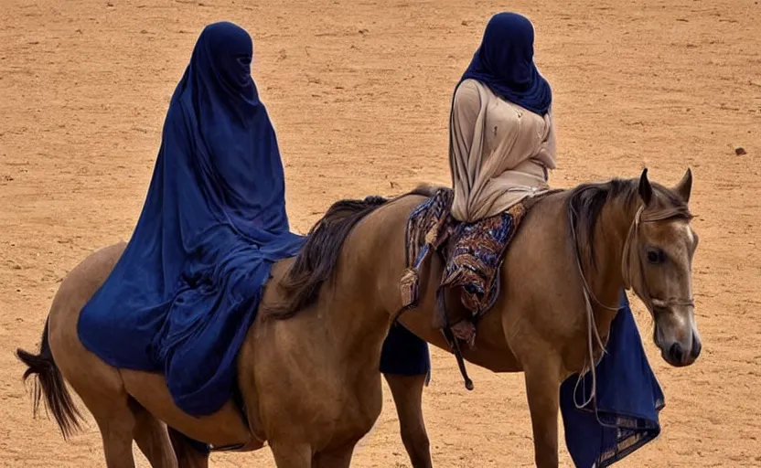 Image similar to beautiful burqa's woman, riding a horse!!! in saharan, sharp eyes, handling riffle on chest, shooting pose, perfect posture, dust, cinematic, dynamic pose, pinterest, center of interest