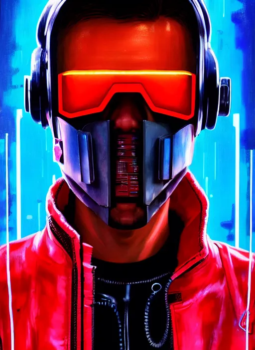 Image similar to cyberpunk character wearing jumpsuit and red jacket and cyberpunk headset. ( blade runner 2 0 4 9, dystopian, cyberpunk 2 0 7 7 character design ). attractive face. portrait by james gurney and laurie greasley, oil on canvas. cinematic, hyper realism, realistic proportions, full view, dramatic lighting, high detail 4 k