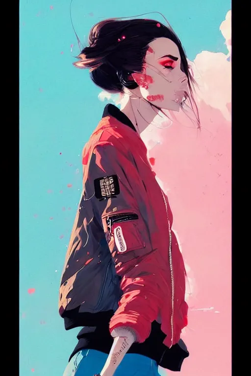 Image similar to a ultradetailed beautiful painting of a stylish woman wearing a bomber jacket, by conrad roset, greg rutkowski and makoto shinkai trending on artstation