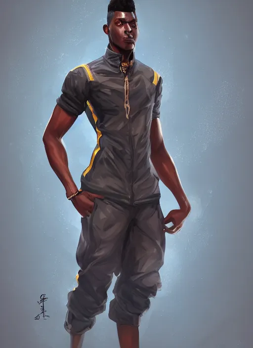 Prompt: a highly detailed illustration of attractive young african guy with flat top, wearing track and field suit, dramatic standing pose, intricate, elegant, highly detailed, centered, digital painting, artstation, concept art, smooth, sharp focus, league of legends concept art, wlop