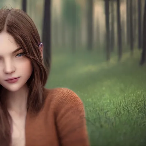 Image similar to real life photo of a beautiful girl, full body photoshoot, long brown hair, brown eyes, full round face, short smile, belly free, sweater, forest setting, cinematic lightning, medium shot, mid - shot, highly detailed, trending on artstation, unreal engine 4 k, 8 0 mm, 8 5 mm, cinematic wallpaper