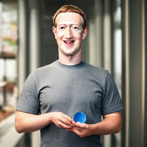 Prompt: Mark Zuckerberg as a restaurant waiter holding a coaster, EOS-1D, f/1.4, ISO 200, 1/160s, 8K, RAW, unedited, symmetrical balance, in-frame, Photoshop, Nvidia, Topaz AI