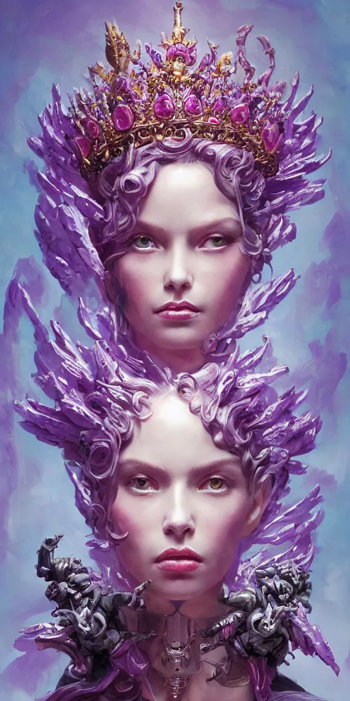 Image similar to female angel queen head wearing shiny pink crown, subtle purple accents, hyper details, black metal rococo, sculpted by Alex Alice, Craig Mullins, yoji shinkawa, trending on artstation, beautifully lit, Peter mohrbacher, hyper detailed, elite, elegant, luxury, ray of light through smoke, CGsociety, hypermaximalist, golden ratio, neofuture, volumetric, octane render, weta digital, micro details, 3d sculpture