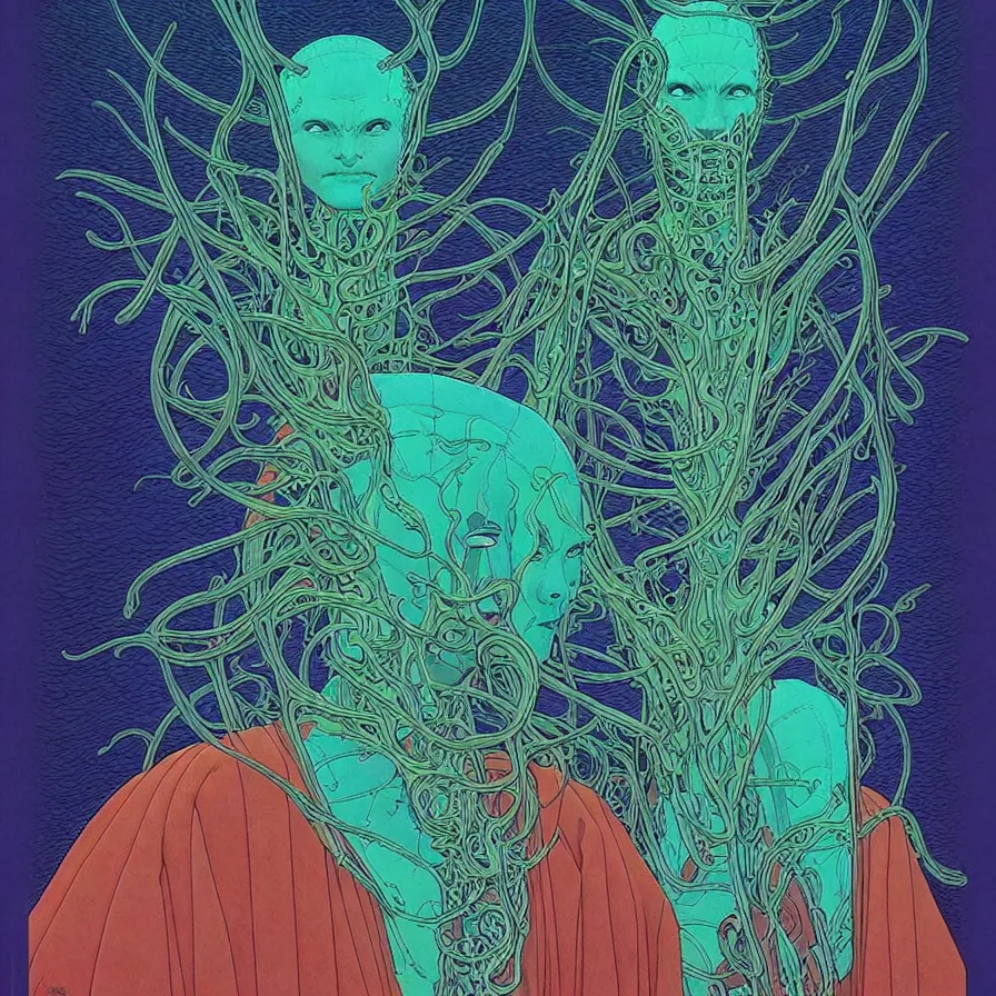 Image similar to ( ( ( sacred ancient ) ) ) by mœbius!!!!!!!!!!!!!!!!!!!!!!!!!!!, overdetailed art, colorful, record jacket, warm tones, bioluminescent