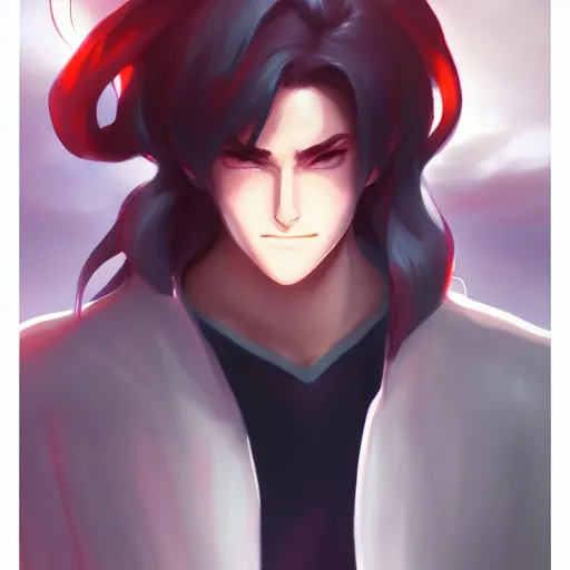 Prompt: buffed guy, long white hair, horns, red eye makeup, style of makoto shinkai and artgerm and loish, dynamic lighting trending on artstation