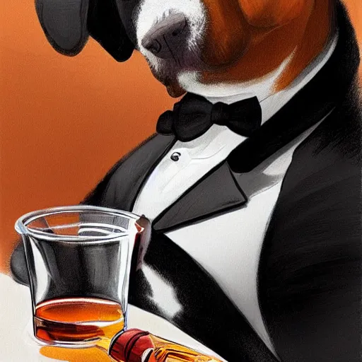 Prompt: a beautiful illustration of a dog in a tuxedo drinking whiskey by rutkowski featured on artstation, studio lighting