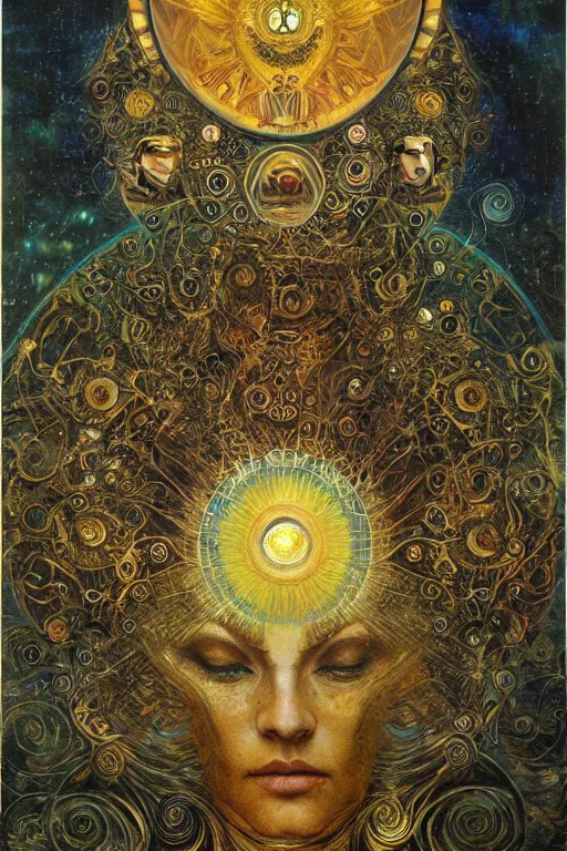 Prompt: Divine Chaos Engine by Karol Bak, Jean Deville, Gustav Klimt, and Vincent Van Gogh, sacred geometry, visionary, mystic, fractal structures, ornate gilded medieval icon, spirals