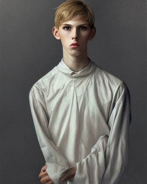 Image similar to portrait of 1 5 - year - old boy, a tall, slender boy with a pale, pointed face, sleek blond hair, and ice grey eyes, wearing black clothes, hyper realistic face, beautiful eyes, close up, fantasy art, in the style of greg rutkowski, intricate, alphonse mucha, hyper detailed, smooth