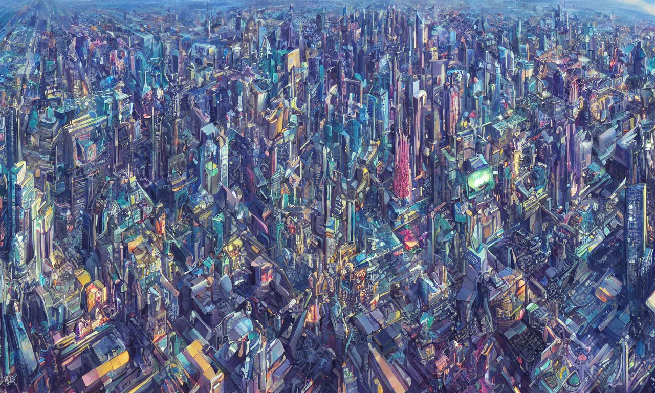 Image similar to futuristic city, illustration painting, oil on canvas, intricate, hd, digital art, overdetailed art, complementing colors, detailed, illustration painting by alex gray, digital art, moebius