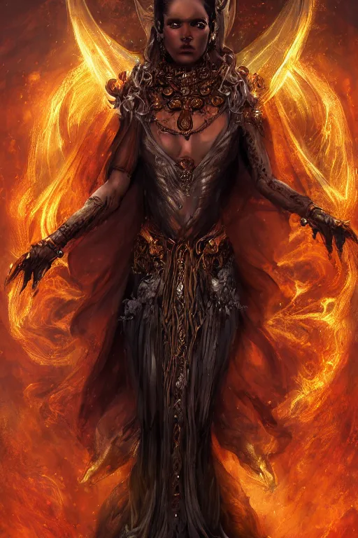 Prompt: fantasy character concept portrait, digital painting, wallpaper of the goddess of darkness and evil in ecstasy, with skin of obsidian, with veins of magma and gold, renaissance nimbus overhead, by aleksi briclot, by laura zalenga, by alexander holllow fedosav, 8 k dop dof hdr, vibrant