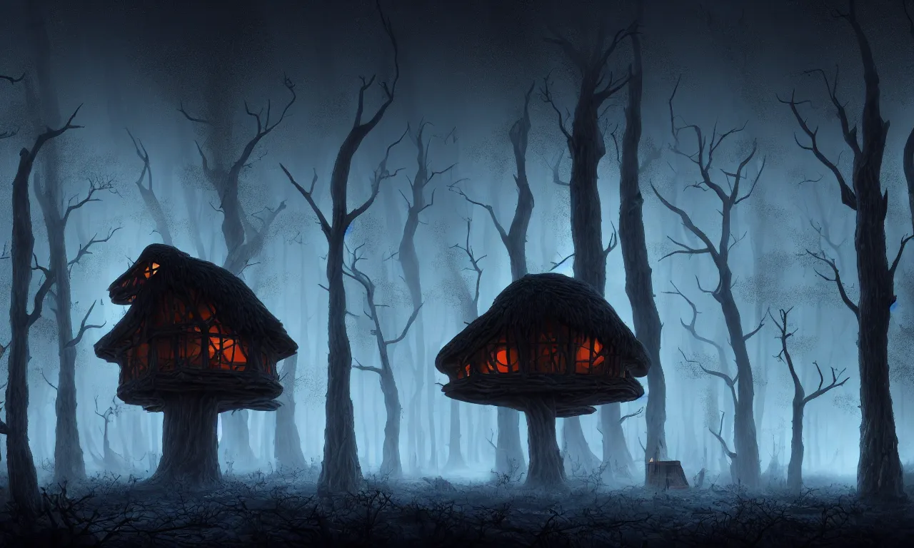 Image similar to Spooky hut in the middle of a misty dark spirit possessed forest, runes written on tree barks, night, starry sky, very detailed. by Moebius, John Harris, artstation, 4k, unreal engine 5