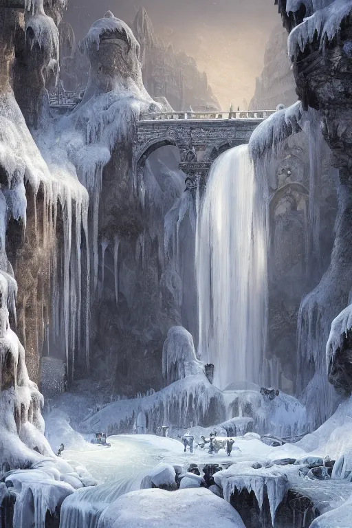 Image similar to a palace made of crystal stone with arches and bridge on top of a waterfall in the snow, blizzard, a small stream runs beneath the waterfall, landscape, raphael lacoste, eddie mendoza, alex ross, concept art, matte painting, highly detailed, rule of thirds, dynamic lighting, cinematic, detailed, denoised, centerd