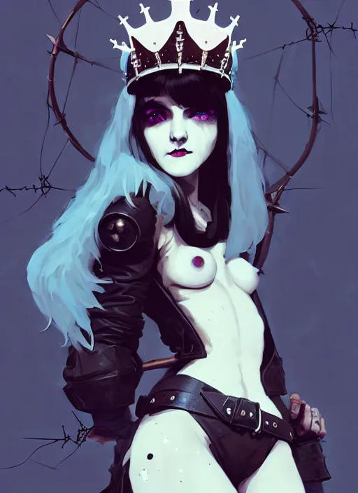 Image similar to cute goth maiden girl with crown of thorns and white short hairs, dressed in leather belts, warhammer, cyberpunk, by atey ghailan, by greg rutkowski, by greg tocchini, by james gilleard, by joe gb fenton, by kaethe butcher, dynamic lighting, gradient light blue, brown, blonde cream and white color in scheme, grunge aesthetic