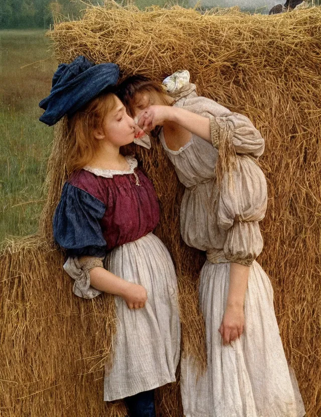 Prompt: two peasant girl secretly kiss hiding over a stack of hay lolita style, Cottage core, Cinematic focus, Polaroid photo, vintage, neutral colors, soft lights, foggy, by Steve Hanks, by Serov Valentin, by Andrei Tarkovsky, by Terrence Malick, 8k render, detailed, oil on canvas