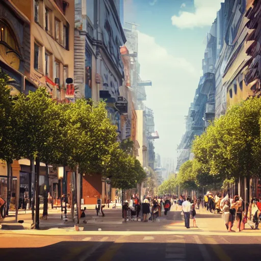 Image similar to 8 k hd detailed octane render of a bustling city street in a backwater spaceport