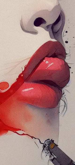 Prompt: profile view closeup!! the lips of a young filipino woman blowing out smoke, closeup!!, thick swirling smoke everywhere, by conrad roset, brush strokes, watercolor trending on artstation