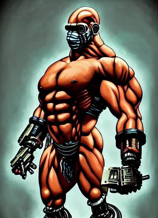 Image similar to Full body portrait of an extremely muscular, very buff, huge mutant man with a creepy cybernetic mask. He Is wearing only a loincloth. In style of Yoji Shinkawa and Hyung-tae Kim, trending on ArtStation, dark fantasy, great composition, concept art, highly detailed. Colourful.