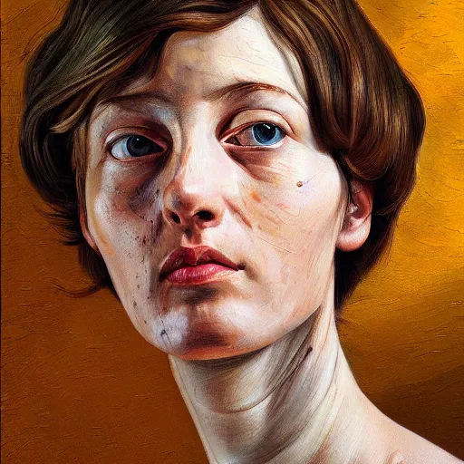Image similar to high quality high detail painting by lucian freud, hd, short hair woman portrait, photorealistic lighting