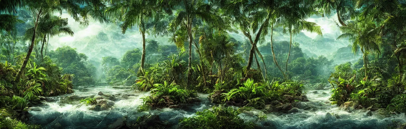 Prompt: painting of a jungle river!! scene on an alien planet by vincent bons. ultra sharp high quality digital render. detailed. beautiful landscape. weird vegetation. water.