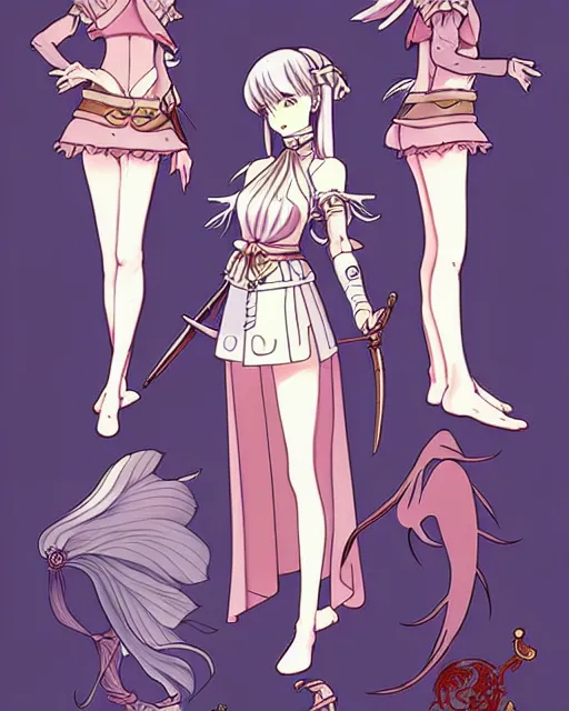 Image similar to cel - shaded anime character, full body design of beautiful fantasy warrior girl in the style of studio ghibli, moebius, ayami kojima, atelier lulua, clean linework