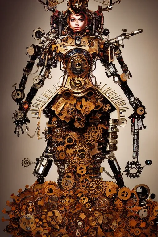 Image similar to steampunk clockwork durga mecha by marek okon designed by alexander mcqueen dress by guo pei