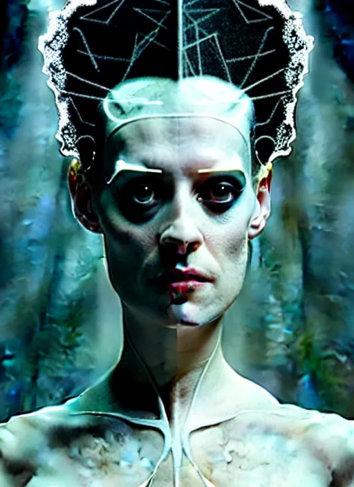 Image similar to portrait of kristen mcmenamy as a beautiful gentle futuristic bride of frankenstein from the movie bride of frankenstein, kintsugi, modern fine art, fractal, intricate, elegant, highly detailed, digital photography, subsurface scattering, by jheronimus bosch and greg rutkowski, still from the movie ex machina