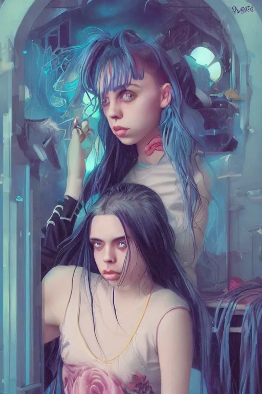 Image similar to billie eilish portrait of a vaporwave girl in a cluttered 9 0 s bedroom, by artgerm, tom bagshaw, gerald brom, vaporwave!, vaporwave colors!, symetrical, 4 k, lo fi colors, lo fi, 4 k, hd,