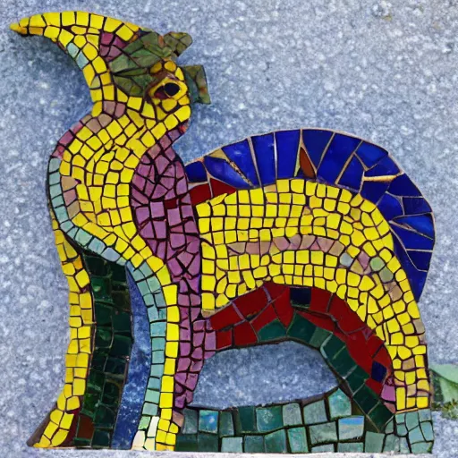 Prompt: mosaic sculpture of a chimera!!!, irregularly shaped mosaic tiles, hand glazed pottery shards, in the style of folk art, in a cottagecore flower garden