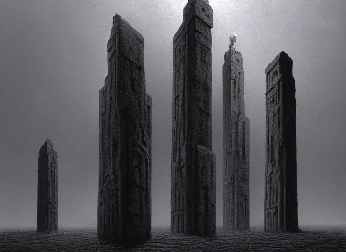 Image similar to matte painting of omniscient tall statues of gods towering above a lone individual, by zdzislaw beksinski, by dariusz zawadzki, by wayne barlowe, gothic, surrealism, cosmic horror, lovecraftian, cold hue's, warm tone gradient background, concept art, beautiful composition