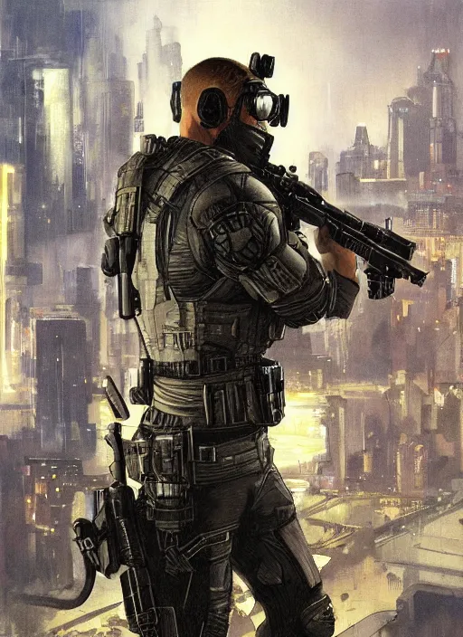 Image similar to Hector. USN blackops operator looking at city skyline. Agent wearing Futuristic stealth suit. rb6s, MGS, and splinter cell Concept art by James Gurney, Alphonso Mucha.