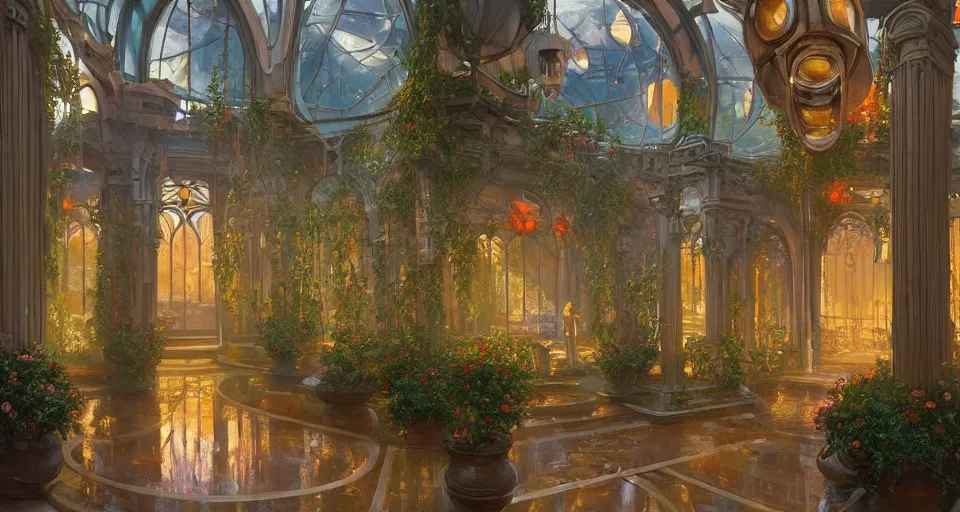 Prompt: a minimalist oil painting by donato giancola, warm coloured, cinematic scifi luxurious futuristic foggy steam filled victorian garden circular courtyard with bulbous stained glass flowers growing out of pretty ceramic fountains, gigantic pillars and flowers, beeple, star trek, star wars, ilm, star citizen, mass effect, artstation, atmospheric perspective