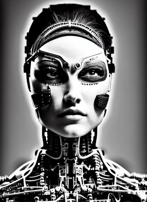 Prompt: a stunning young female cyborg profile face, face is made intricate tribal bio - mechanical, editorial photography, bw, shot on 7 0 mm, depth of field, f / 2. 8, high contrast, 1 6 k, rays of shimmering light, volumetric lighting, shiny, insanely detailed and intricate, hypermaximalist, elegant, ornate, hyper realistic, super detailed