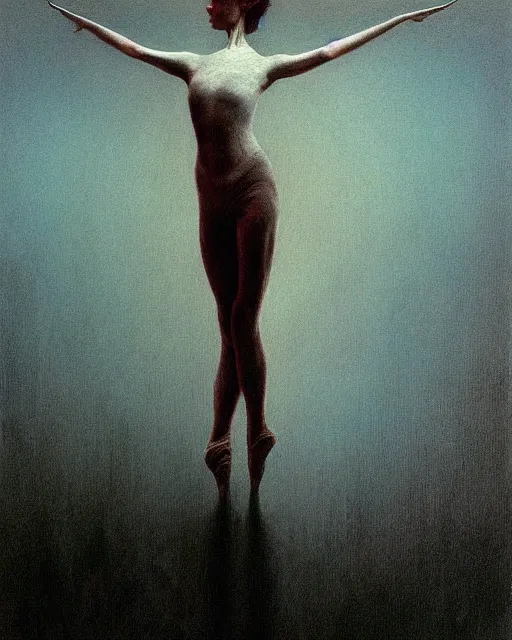 Prompt: the ballerina seen at the end of life, painted by zdzislaw beksinski and artgerm